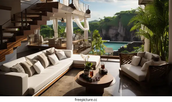 Modern luxury villa living room with stunning ocean views