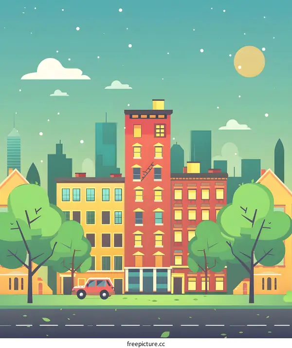 Cartoon Cityscape with Trees and Buildings