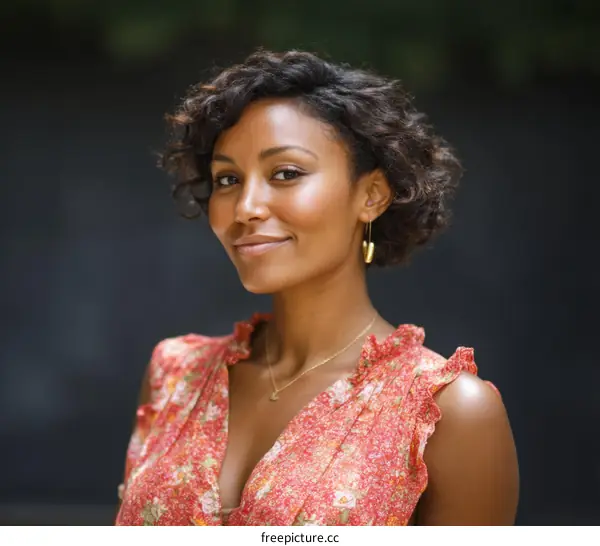 Portrait of a Woman with Curly Hair and Floral Dress