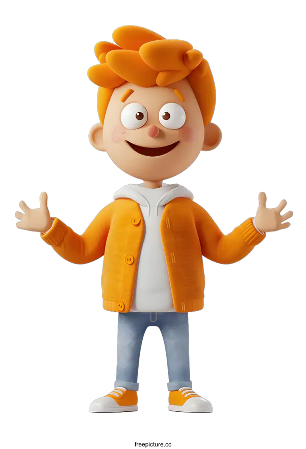 [Transparent Background PNG]3d cartoon character of a boy with freckles and red hair wearing an orange sweater and blue jeans giving a thumbs up