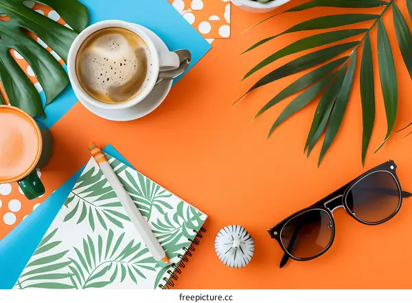 Flat Lay Summer Style with Coffee, Sunglasses and Green Leaves on Orange Background