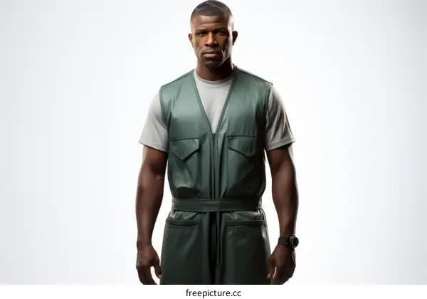 A man wearing a green vest and a gray shirt