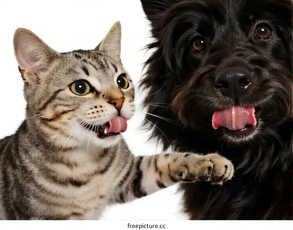 A curious cat and a black dog showing their tongues