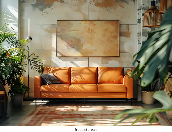 Modern Living Room with Leather Sofa and Abstract Painting