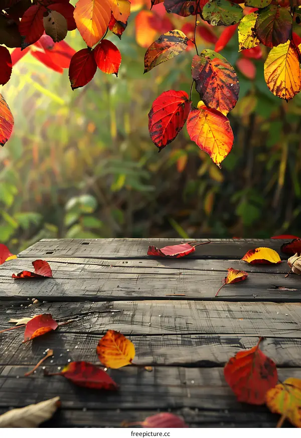 Autumn Leaves on Wooden Table with Blurred Background