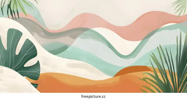 Abstract Tropical Watercolor Painting With Green Leaves