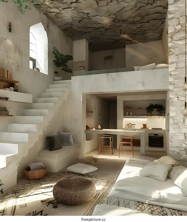 Modern Minimalist Open Plan Living Room with Loft Bedroom