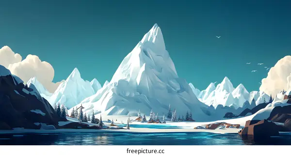 Winter Landscape with Snowy Mountains and a Frozen Lake