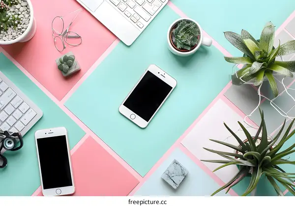 Flat Lay with Smartphone, Laptop, and Succulents on a Colorful Background