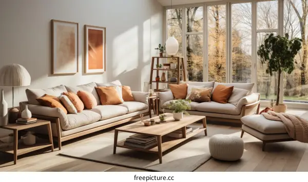Modern living room interior with large windows and a comfortable sofa
