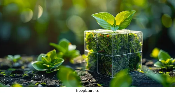 A 3D Rendering of a Growing Plant in a Glass Cube