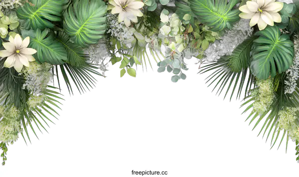 [Transparent Background PNG]Tropical Leaves and White Flowers on White Background
