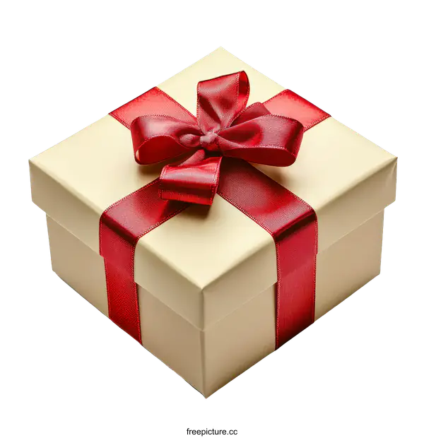 [Transparent Background PNG]Beige Gift Box with Red Ribbon and Bow