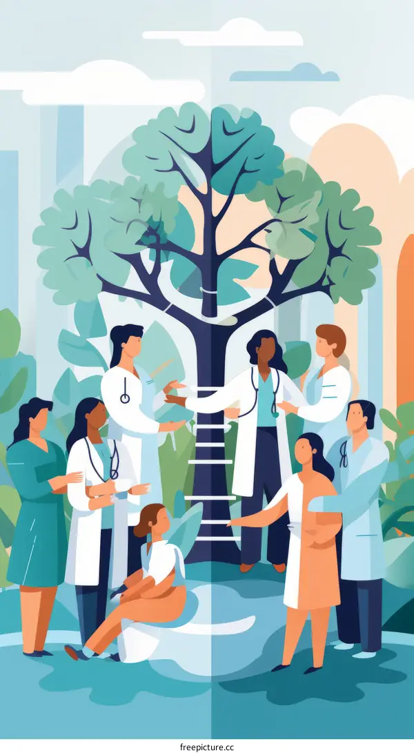 A group of diverse doctors and nurses stand around a tree holding hands