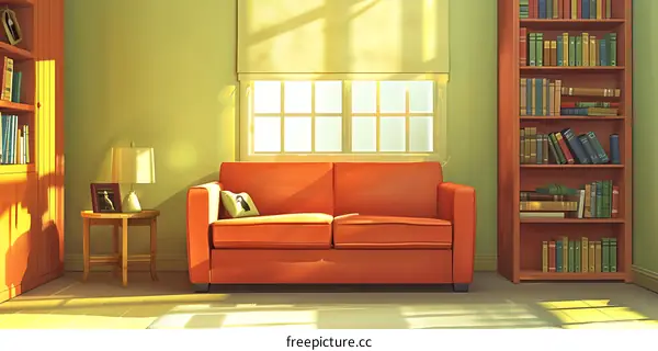 Living Room Interior Design With Orange Sofa and Bookcase
