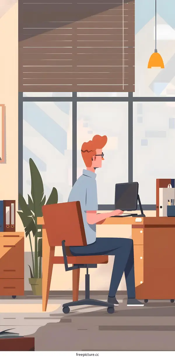 Man Working at Desk in Office Illustration