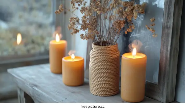 Warm Autumnal Candles on Wooden Shelf