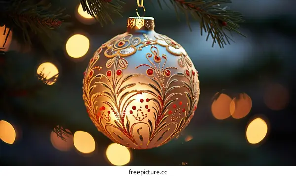 A beautiful Christmas ornament hangs on a fir tree branch with blurred lights in the background.