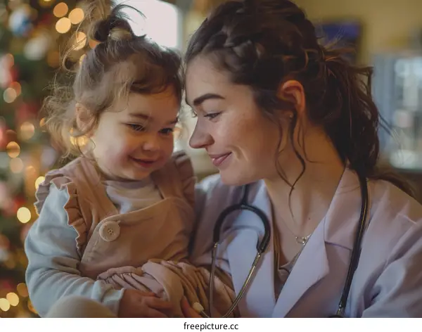 The doctor is holding a smiling little girl in her arms