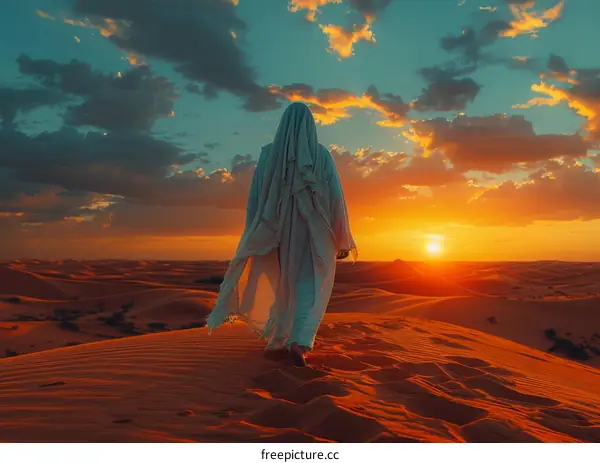 Man in white robe walking in desert at sunset