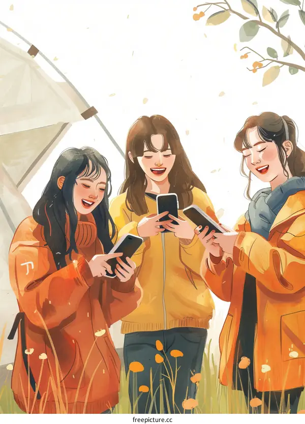 Three young Asian women looking at their phones while standing in a field