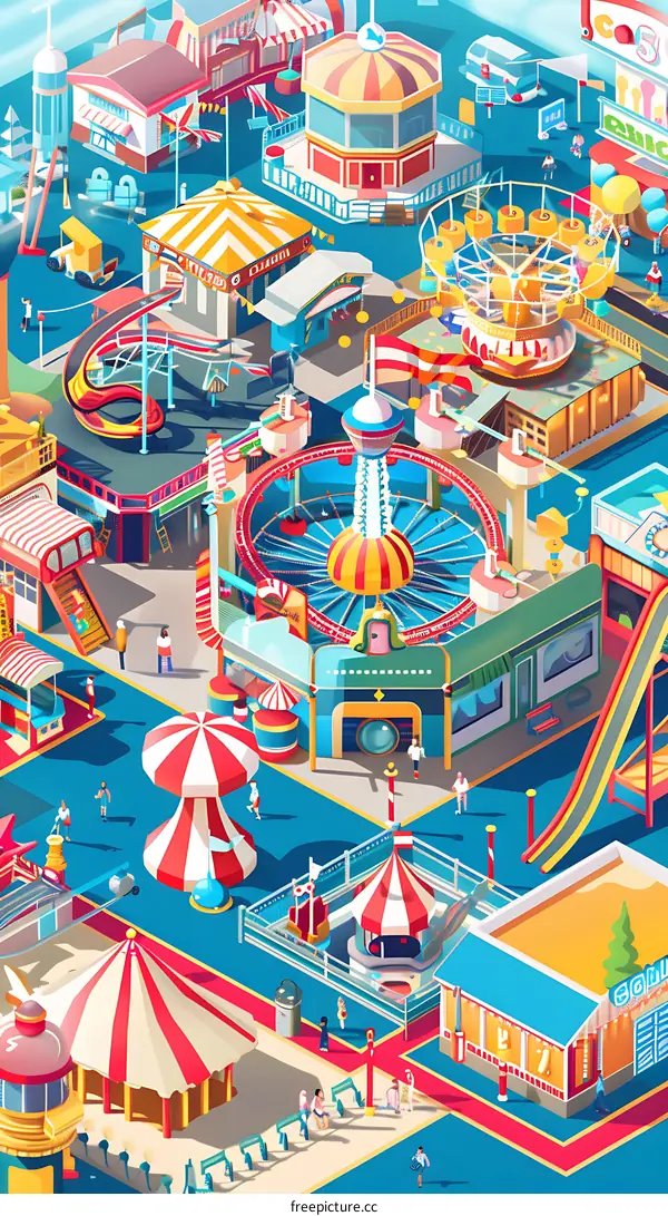 Colorful Illustration of Amusement Park with People