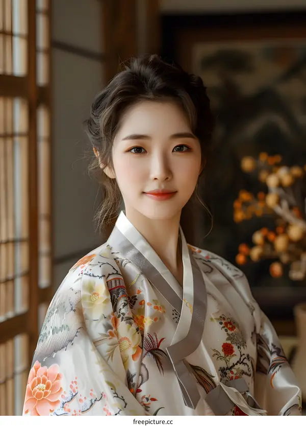 Portrait of a young Korean woman in a traditional white dress