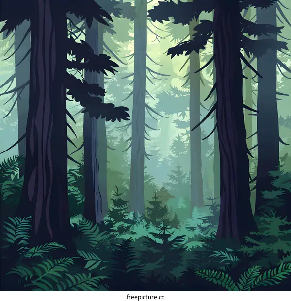 Dark Green Forest with Tall Trees and Lush Undergrowth