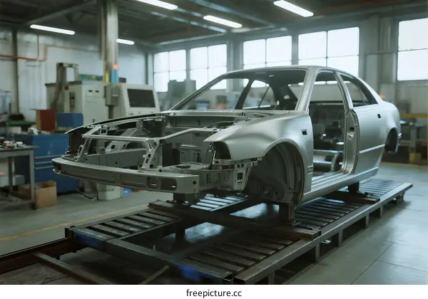 Car Chassis Being Processed in Modern Auto Manufacturing Plant