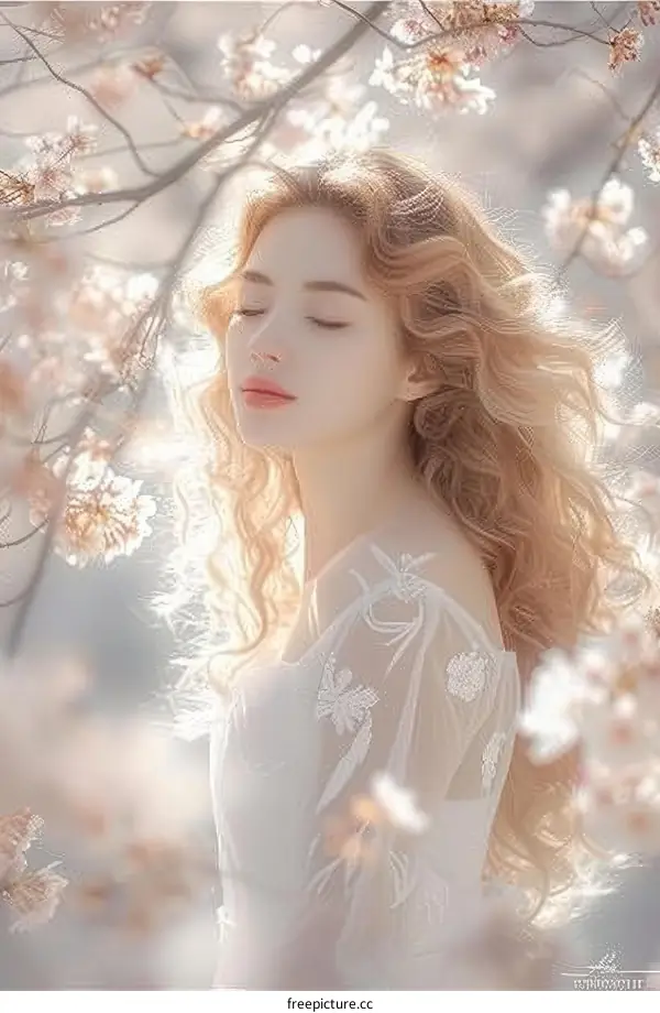 Beautiful Blonde Woman in White Dress in a Flower Field