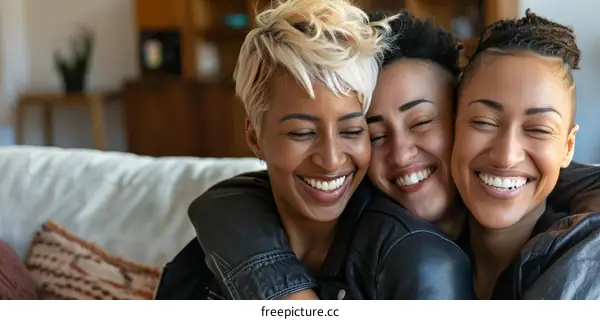 Three happy young diverse women friends embracing