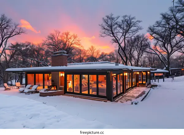 Modern house with large glass windows and a fireplace in the middle of a snowy forest
