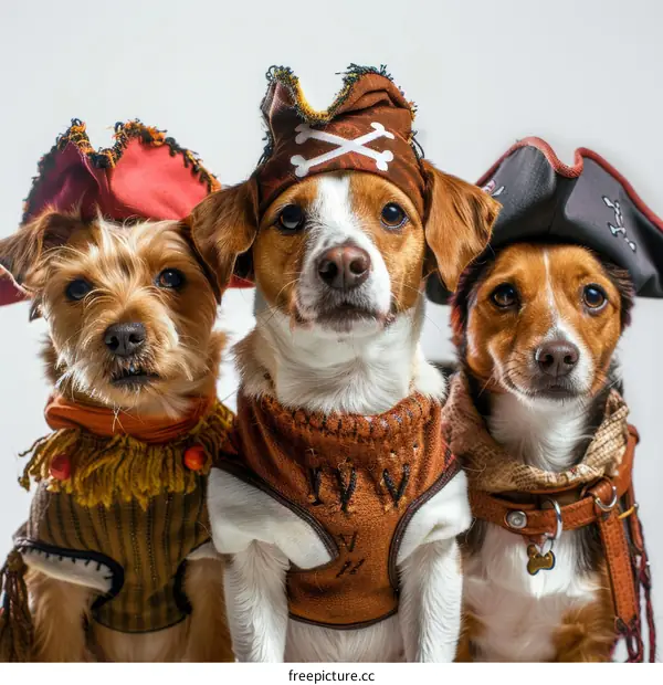 Three dogs in pirate costumes