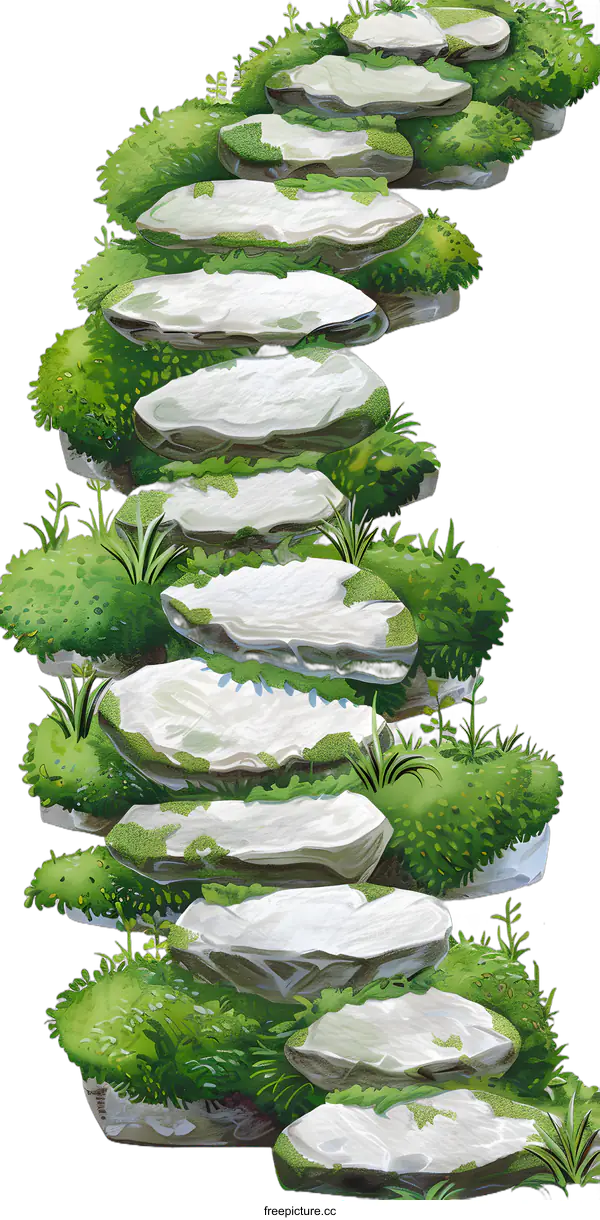 [Transparent Background PNG]Stone Path Illustration with Green Moss