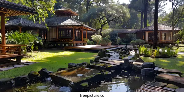 Traditional Japanese Garden with Wooden Pavilion