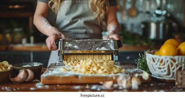 Woman making pasta with a pasta maker