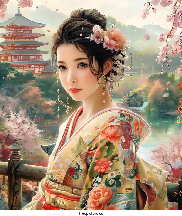 An Asian woman in a kimono standing in a garden with a pagoda in the background