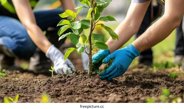 Volunteers Planting a Tree in a Community Garden