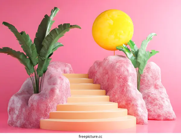 Pink and Yellow Abstract 3D  Minimalist Illustration with Stairs and Tropical Plants