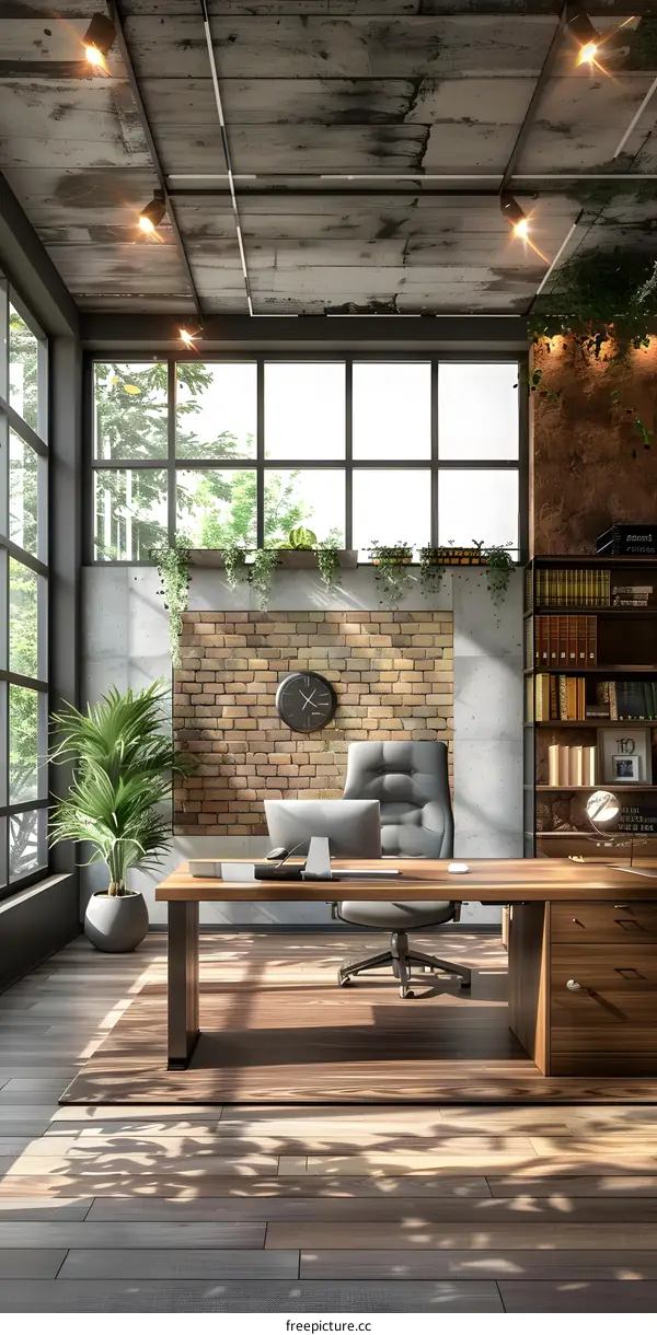Modern office interior with brick wall and large windows