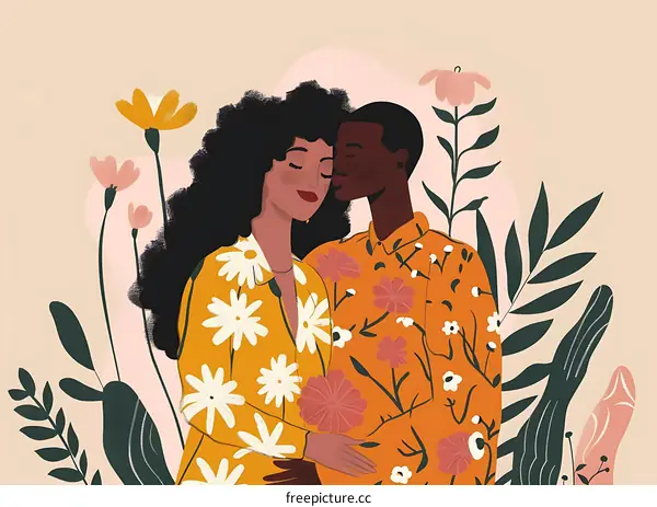 Couple in Love in Floral Garden Illustration