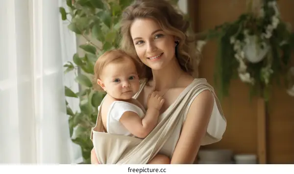 A mother is holding her baby in a sling