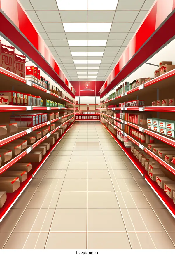 Supermarket Aisle with Products on Shelves