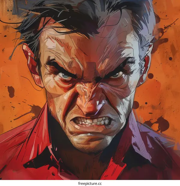 Portrait of an angry man with black hair and red eyes