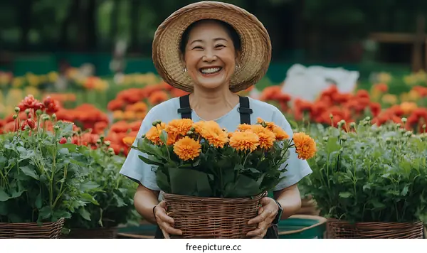 Happy senior Asian woman holding flowers in a garden