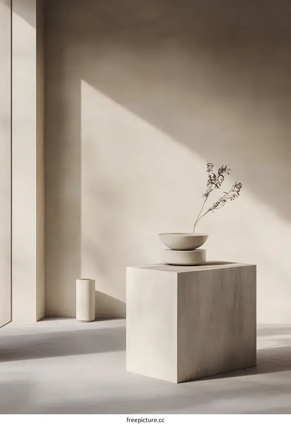 Minimalist Interior Design with Wooden Platform and Dried Flower Arrangement