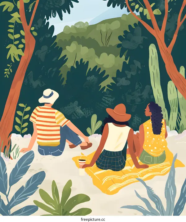 Three Friends Enjoying a Picnic in the Forest