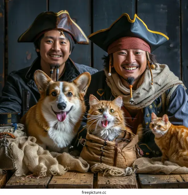 Two Asian men dressed as pirates with a dog and two cats