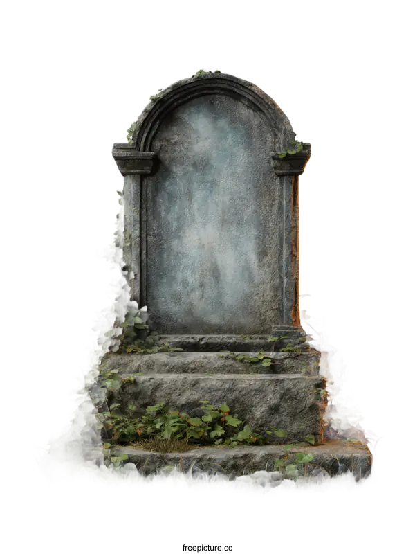 [Transparent Background PNG]Ancient Stone Gravestone with Lush Vegetation