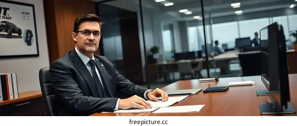 Businessman Sitting at Desk in Modern Office with Laptop and Papers